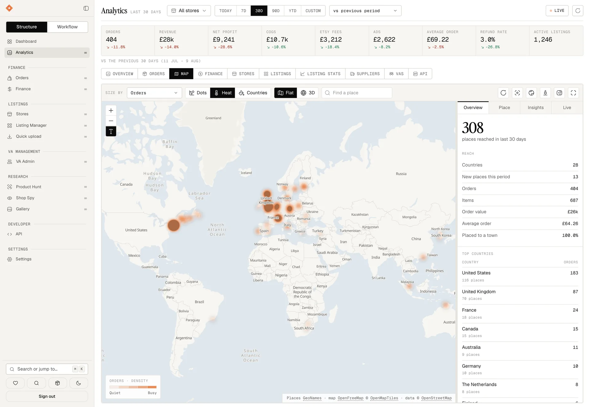 The orders map as a heat layer over the whole world, with the same overview panel of reach and top countries.