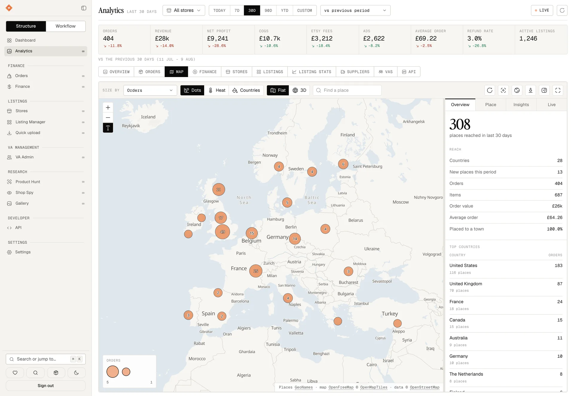The orders map: order clusters across Europe with the overview panel counting countries, places, orders and order value.