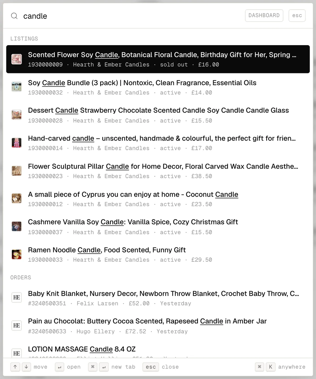 The command palette close up: listings and orders matching one query, with the store, state and price on each row.