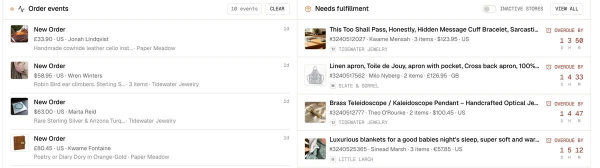 The dashboard's live feed of paid orders as they land, beside the orders still waiting to be fulfilled with how overdue each one is.