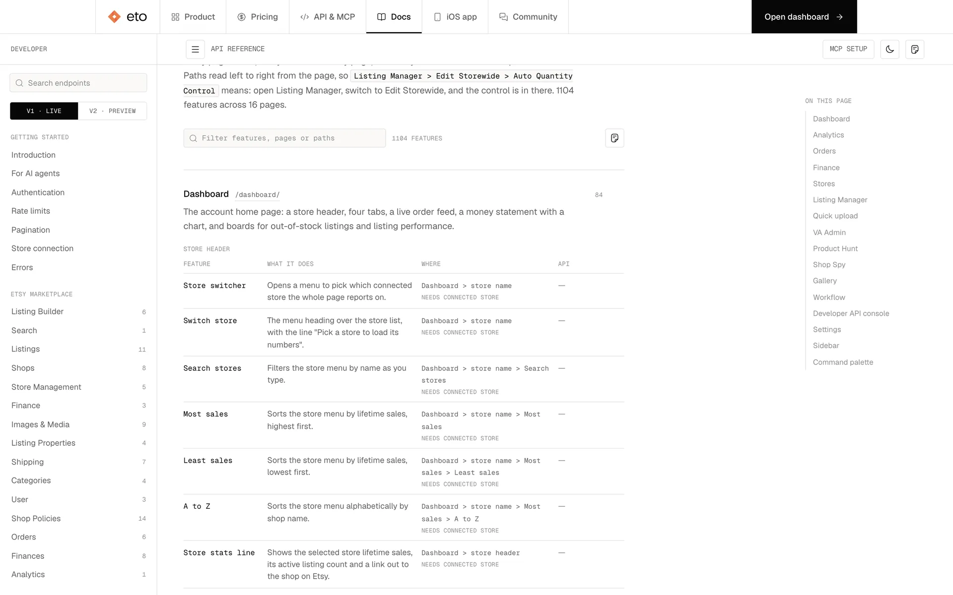 Where everything is: every feature in Eto with the exact path to reach it, filterable, in the developer docs.