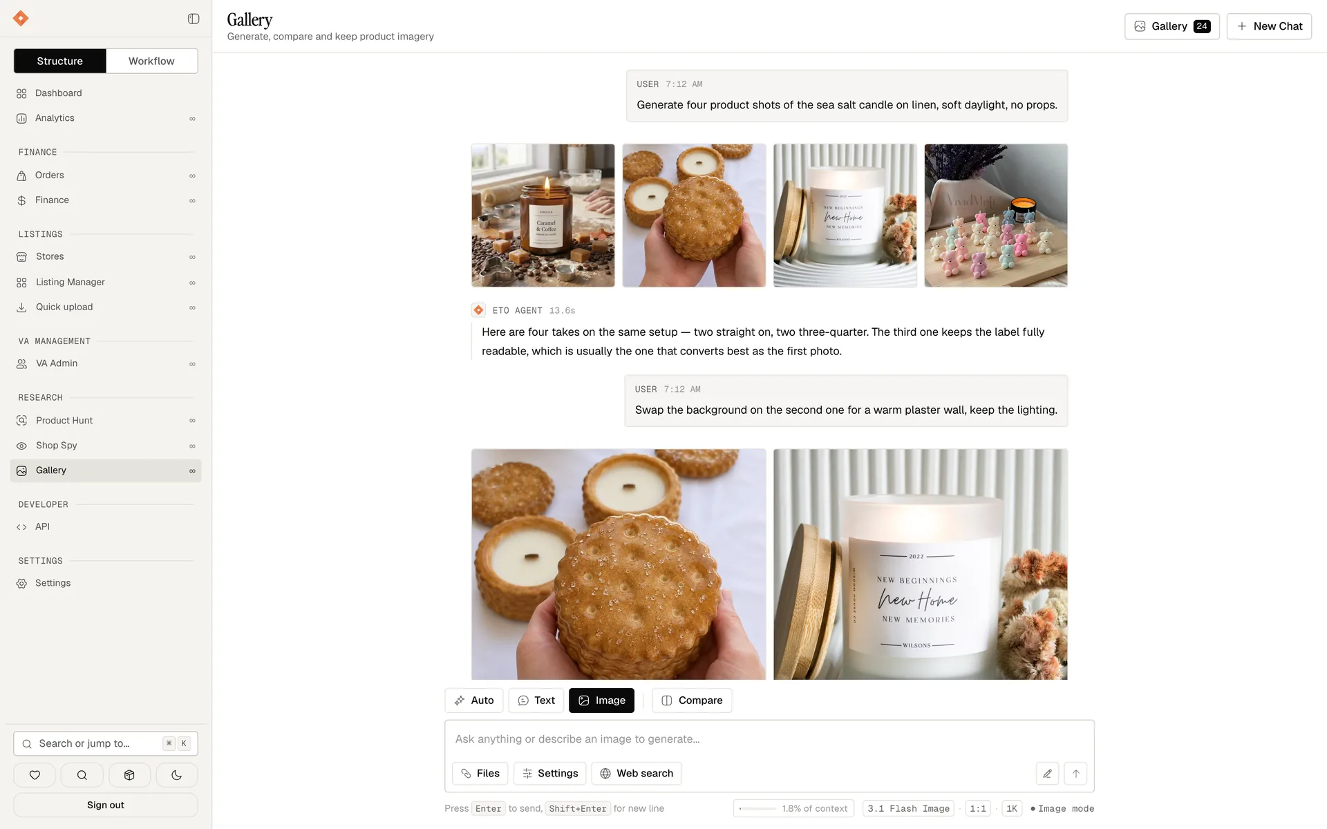 The AI studio: a chat that generated a set of product photos, then swapped the background on one of them.