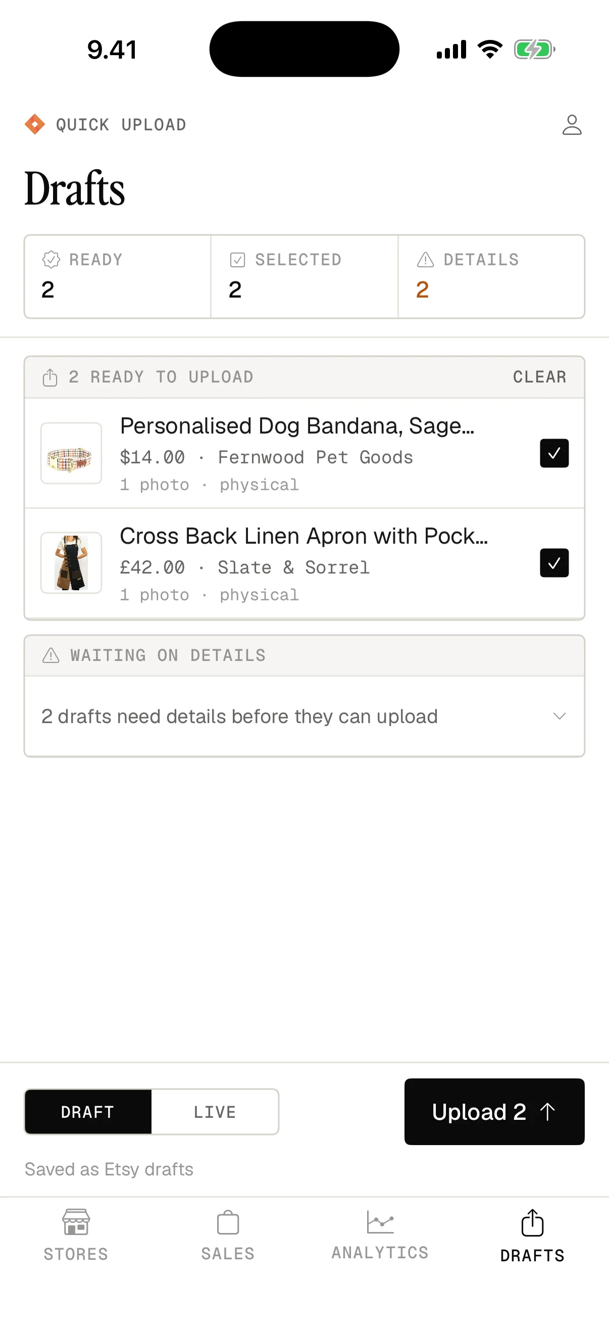 The Eto iOS app: Quick Upload drafts ready to publish, with photos, variations and price, two selected for one-tap upload to Etsy.