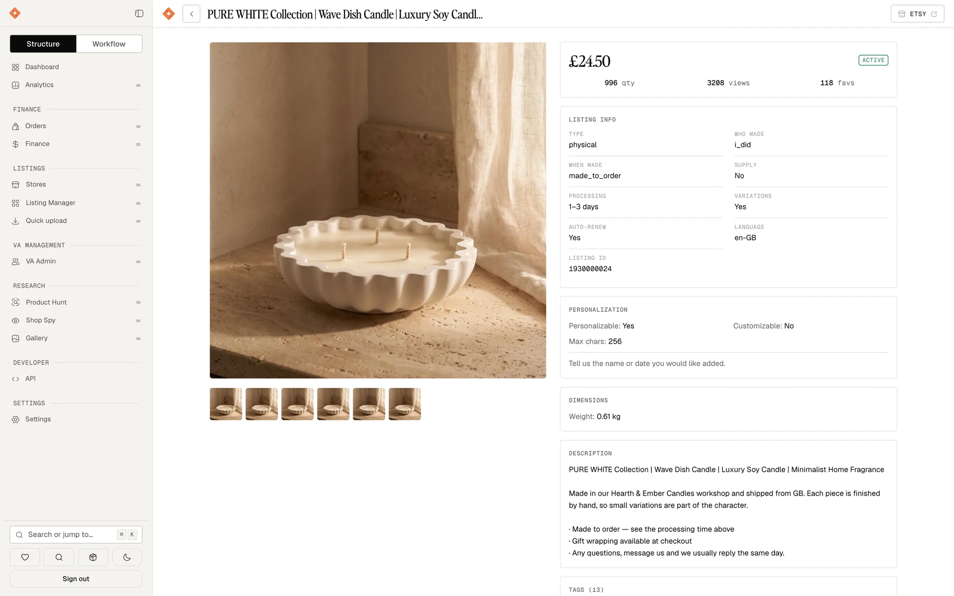 One listing opened from the manager: photos, price, quantity, views, favourites, description, tags and materials.