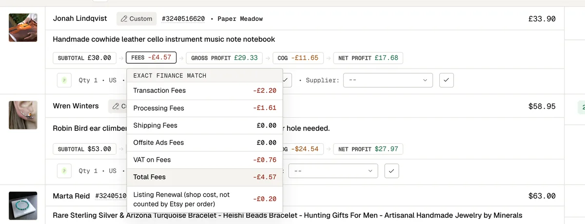 One order's fee chip opened, breaking out transaction, processing, shipping, offsite ads and VAT fees against the profit left.