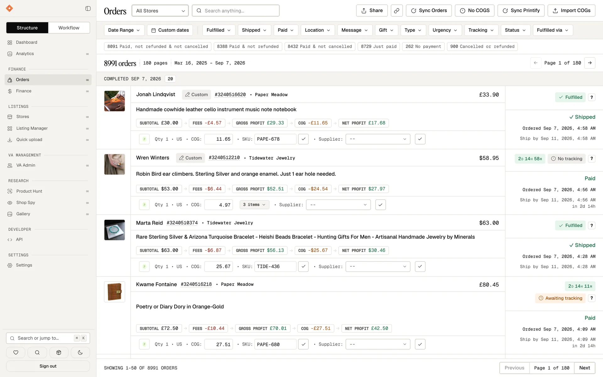 Orders from every store in one feed, each line carrying subtotal, fees, gross profit, cost of goods and net profit, with its fulfilment and tracking state.