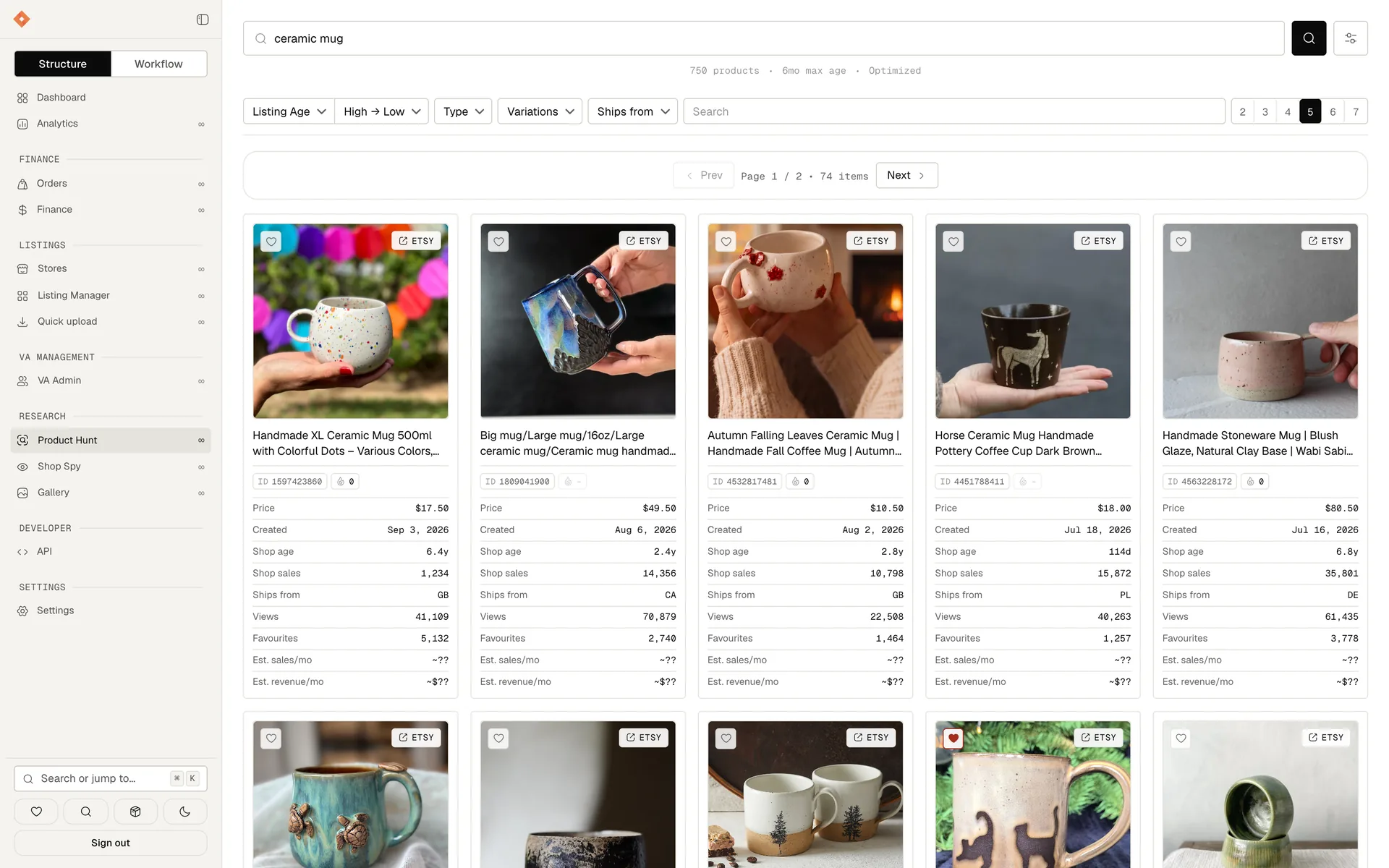 A Product Hunt for ceramic mugs: live Etsy listings with price, listing age, shop age, shop sales, views and favourites on every card.
