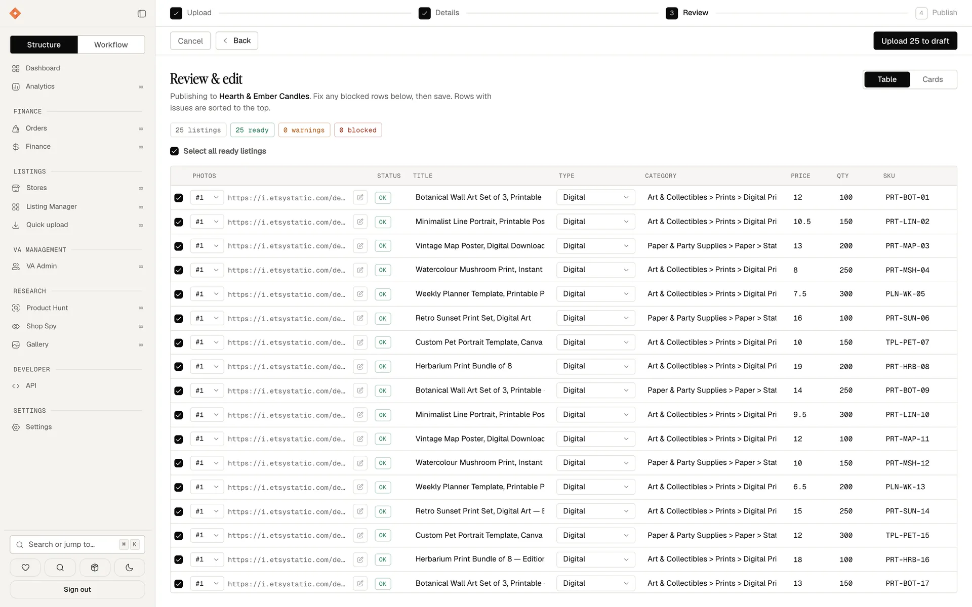 The CSV import at the review step: 25 rows mapped to title, type, category, price, quantity and SKU, all ready to publish.