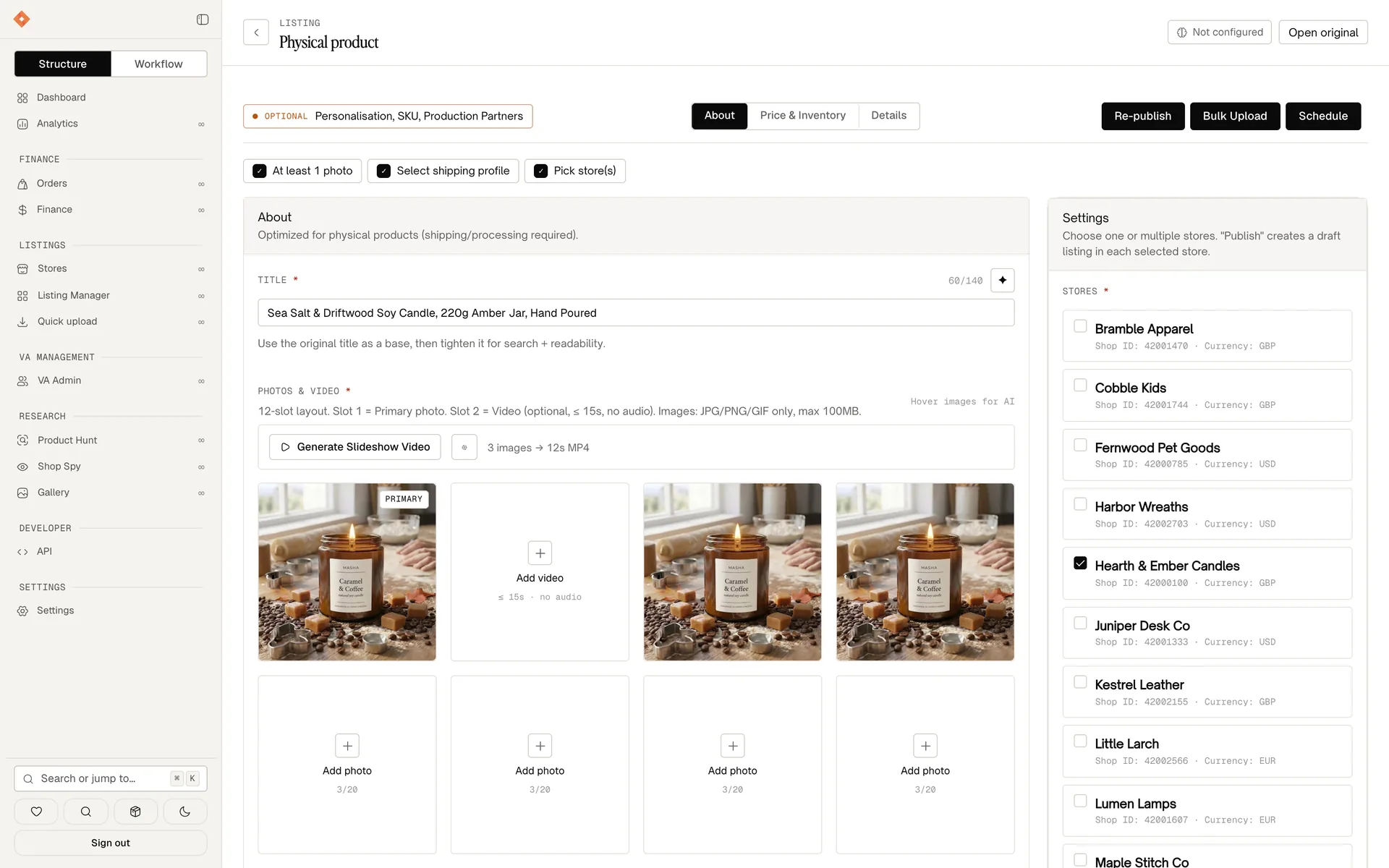 The quick upload workspace: title, a twelve-slot photo grid, description, and the stores the listing will publish to.
