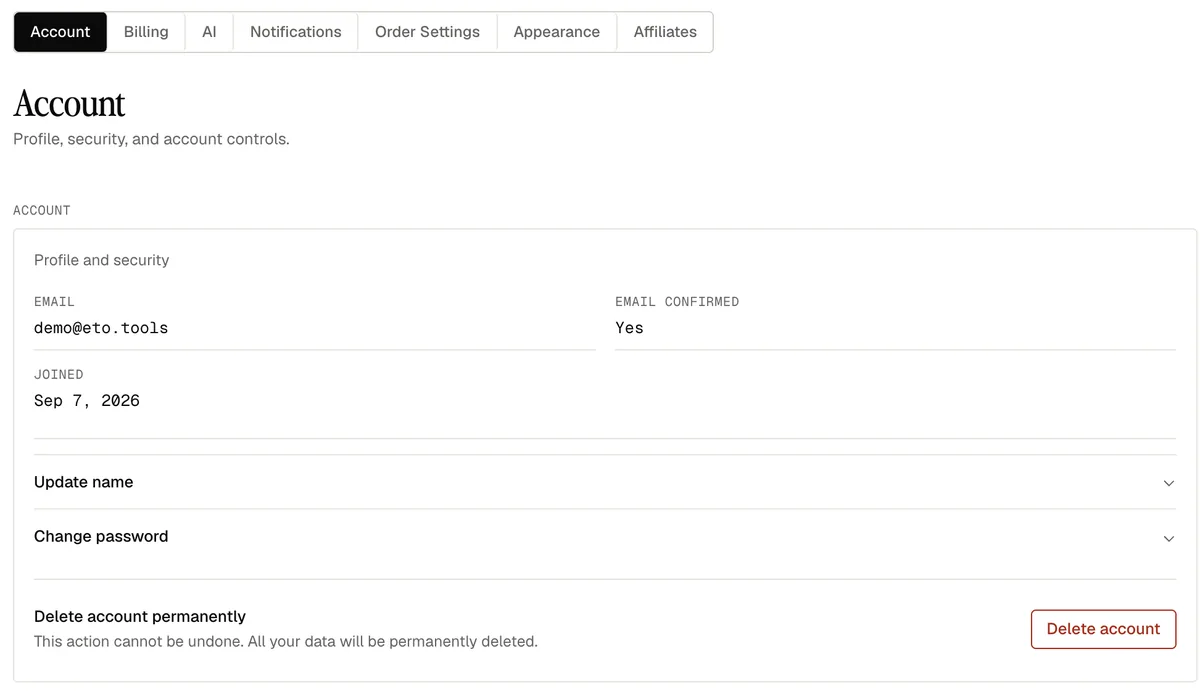 Settings close up: the tabs over the account panel with email, join date and the account controls.