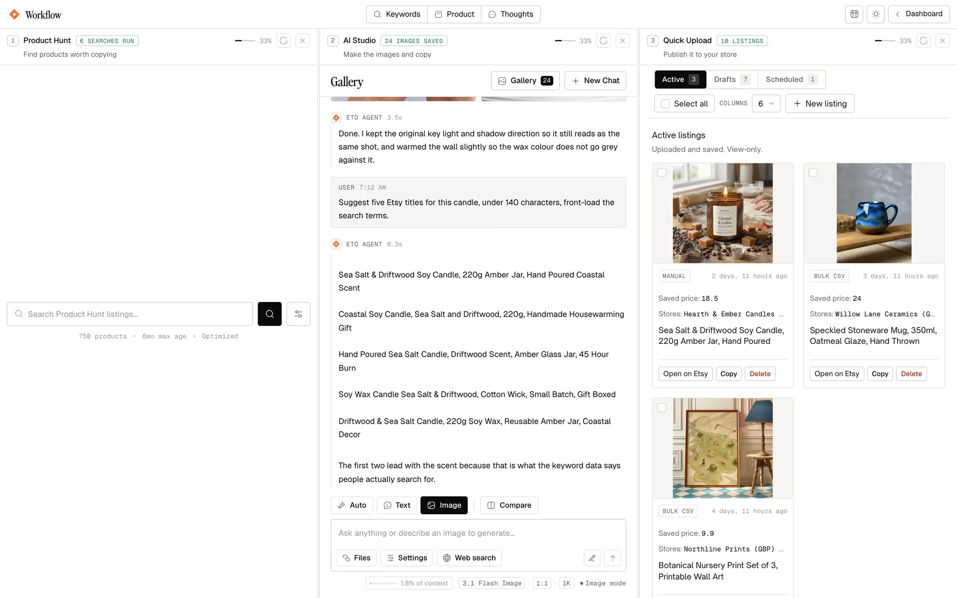 The workflow view: Product Hunt, the AI studio and quick upload side by side in one screen.